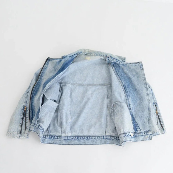 Vintage 80's Silver Denim Acid Wash Zip Up Biker Style Jacket  Size Medium - Picture 10 of 11